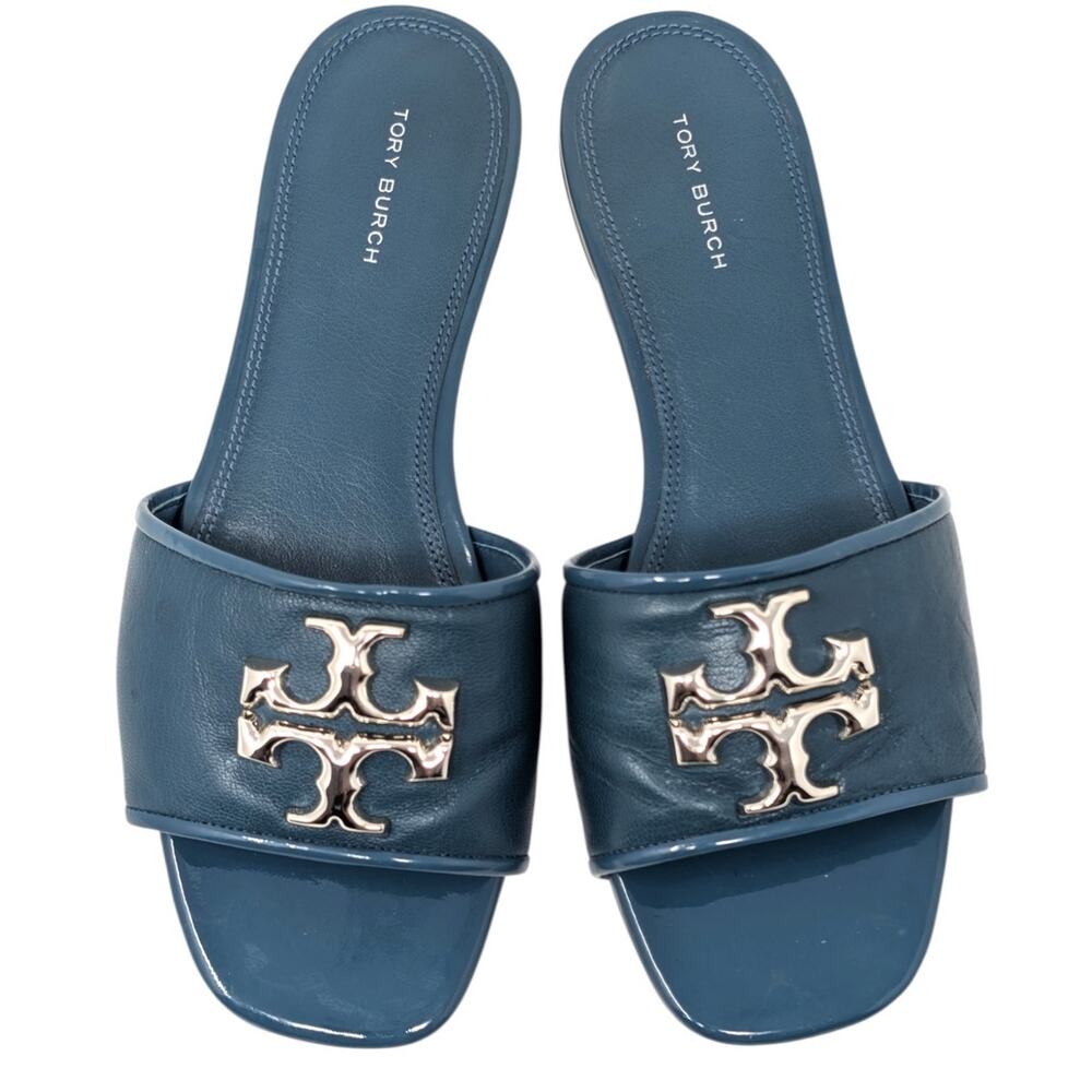 Tory Burch Eleanor Sandals Brisk Blue Leather‎ Slides Logo Size 8